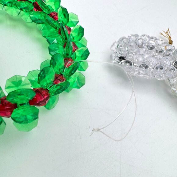 Handmade Christmas Candle Wreath Ornaments Plastic Bead Red Green White 3 Pc Vtg - Picture 4 of 10